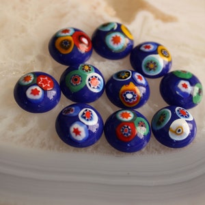 10 pc Vintage Blue Background Red Orange Star 13 mm Millefiore Round  Glass Cabachons #5