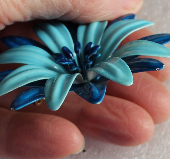 SALE Flower Power Large  Blue Enamel Brooch - image 4