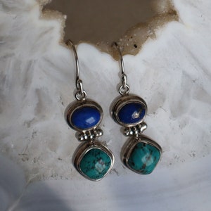 Vintage Sterling  Lapis Turquoise Hinged Earrings 1 1/2&quot;Long