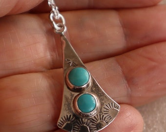 Jewelry Rescue Sterling Silver Stamped Southwest Two  Stone Turquoise Necklace  1 1/2"