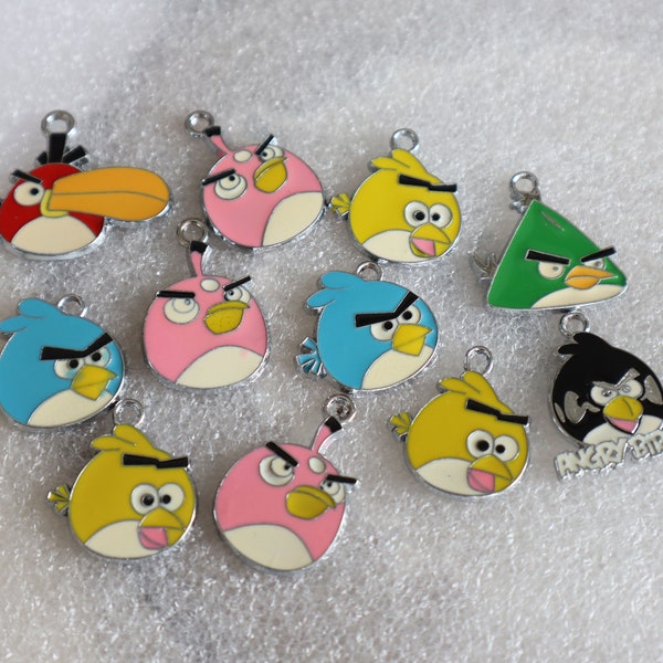 Selection of 11 Silver Metal  Angry Bird Charms 7/8" -1 1/4"