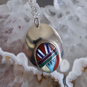 Jewelry Rescue Vintage Coral Turquoise Inlay  Sterling  Pendant 26mm Long