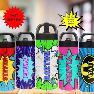 Personalized Water Bottle for Kids Superhero Comic Book Water Bottle Stainless Steel Insulated Water Bottle Kids Birthday Gift Water Bottle