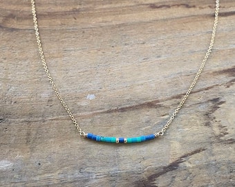Blue and Green Multicolored Turquoise Gold Filling Bar Necklace