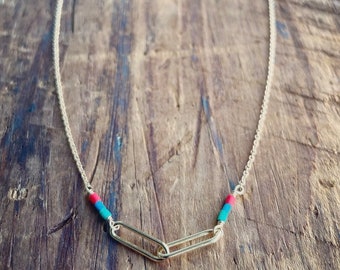 Gold Filled Paper Clip Double Link Necklace with Multicolored Turquoise. 15.5” - 16.5”