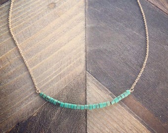 Green Turquoise Heishi Bead Bar Gold Filled Necklace