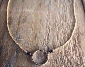Black Spinel Gold Filled Circle Link Necklace