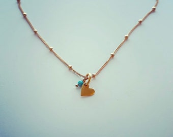 Vermeil Heart and Turquoise Gold Filled Necklace on Satellite Chain