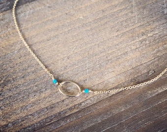 Gold Filled Oval Charm Link Necklace with Turquoise Heishi Bead Detail