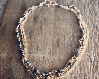 Black Spinel Rosary Triple Strand Gold Filled Bracelet