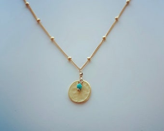 Vermeil Hammered Charm Gold Filled Satellite Chain Necklace with Turquoise