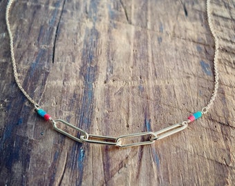 Gold Filled Paper Clip and Turquoise Necklace - 4 Link
