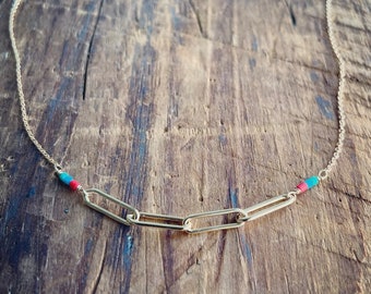 Gold Filled Paper Clip and Turquoise Necklace - 4 Link