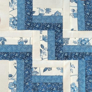 Peut inclure: Gros plan sur un bloc de patchwork avec un motif. Le bloc est composé de pièces rectangulaires dans des tons de bleu et de blanc. Certaines pièces présentent des motifs floraux, d'autres des textures unies ou à motifs.