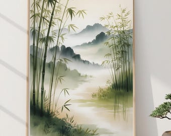 Zen bambuskogsväggkonst | Minimalistisk japansk bläcklandskap | Utskrivbar asiatisk naturmålning | Wabi Sabi Japandi-dekor