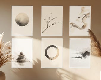 Zen Minimalist Wall Art Set of 6 | Japandi Printable Decor | Wabi Sabi Ink Painting Collection | Neutral Sumi-e Abstract Posters