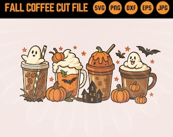 May include: A digital illustration featuring four fall-themed coffee drinks. Each drink has a unique design, including a ghost, pumpkins, and a haunted house. The text "FALL COFFEE CUT FILE" is at the top.