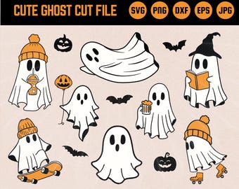 May include: A selection of cute ghost cut file designs. The ghosts are white with black eyes and mouths, and some are wearing orange hats, holding drinks, reading books, or riding skateboards and roller skates. The image includes pumpkins and bats.