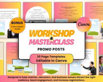 Publicaciones promocionales de talleres magistrales: 30 plantillas de Canva (descarga digital)