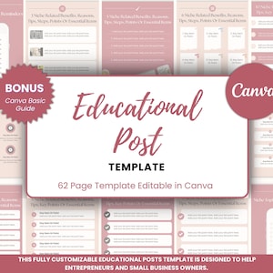May include: A pink and white educational post template for Canva with the text "Educational Post Template" and "62 Page Template Editable in Canva". The template is designed to help entrepreneurs and small business owners.