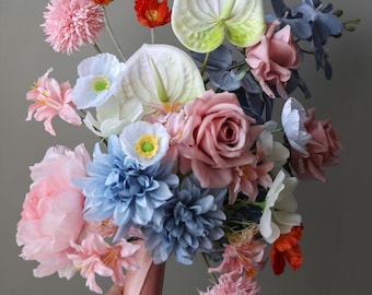 Large Modern Bridal Bouquet | Rainbow Colors | Anthurium, Orchid, Cosmos, Poppies | Dusty Blue, Pink, Coral, Green, White, & Orange Flowers