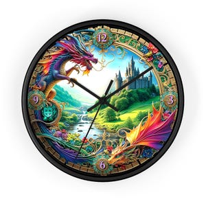 Fantasy Dragon Wall Clock, Colorful Dragon Clock, Enchanted Castle Decor, Unique Home Gift, Fantasy Artwork Timepiece