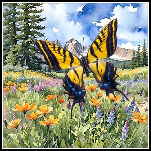 May include: A yellow and black butterfly with blue accents is perched in a field of yellow wildflowers. The butterfly has its wings spread wide, and the background is a blur of green grass and blue sky.