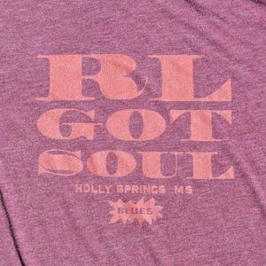 Puede incluir: Una camiseta rosa con el texto "RL GOT SOUL" en una fuente de estilo vintage. El texto está en un color rosa más oscuro. Debajo del texto está "HOLLY SPRINGS MS" y una explosión de estrellas con la palabra "BLUES" dentro.