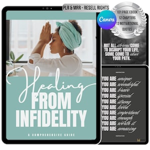 Healing from Infidelity Ebook | 101 Pages, 12 Chapters | Self-Growth & Healing | Resell with PLR and MRR Rights | PDF file plus Canva link