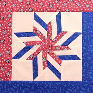 May include: A patriotic quilt block featuring a central star design. The star is composed of red fabric with white stars, blue and white striped fabric, and cream-colored squares. The background is red with white stars and blue with white shooting stars.