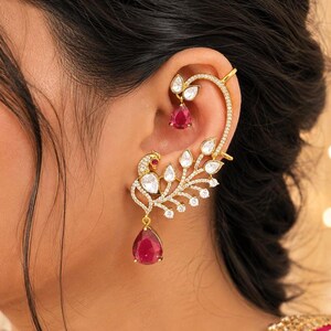 Kundan Peacock Ear Cuff Earrings, Ruby Red Statement Bridal Jewelry