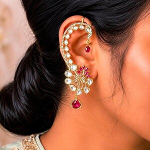 Ruby Pink Kundan Ear Cuff Earrings, Indian Bridal Ear Wrap, Gold Crawler Statement Wedding