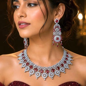 Royal Ruby & Diamond Look Bridal Necklace Set with Statement Earrings Maang Tikka