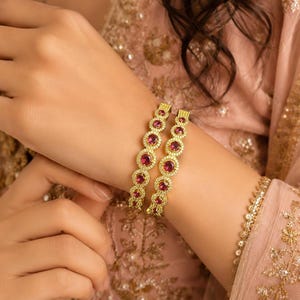 Ruby Red CZ Tennis Bracelet Pair, Gold Plated Bridal Bangles, Wedding Statement Jewelry