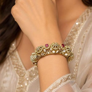 Victorian Gold Tone Statement Bracelet, Ruby CZ Bridal Bangle, Antique Wedding Jewelry