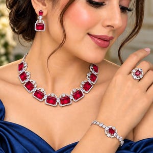 Conjunto de joyas nupciales de cristal rojo, collar, pendientes, pulsera y anillo de rubí (regalo de boda)