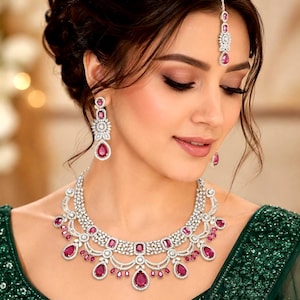 Ruby Red Bridal Jewelry Set, Silver-Plated Choker, Drop Earrings, Maang Tikka, Bollywood Statement Necklace