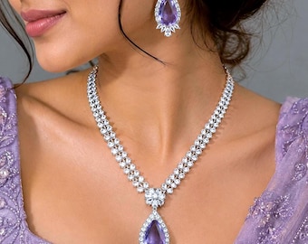Amethyst Purple Bridal Jewelry Set, Tear Crystal Necklace, Drop Earrings, Lavender Wedding Accessory