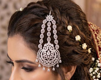 Silver Cubic Zirconia Jhumar Passa: Pakistani Style Bridal Tikka, Traditional Indian Hair Accessory