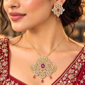 Indian Bridal Necklace Earrings Set, Ruby CZ Kundan Style Jewelry (Gold Tone)