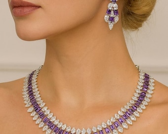 Amethyst Bridal Jewelry Set: Cubic Zirconia Necklace & Drop Earrings