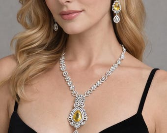 Yellow Stone Bridal Necklace Earrings Set | Silver CZ Wedding Jewelry | Indian Party Wear Statement