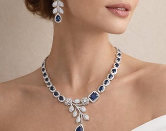Blue Sapphire CZ Bridal Jewelry Set | Silver Plated Wedding Necklace Earrings