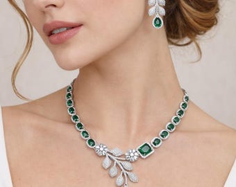Emerald Green CZ Necklace Earrings Set | Indian Bridal Jewelry