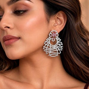 Pink Crystal Chandelier Statement Earrings, Silver Tone Bridal Prom Glamourdangle