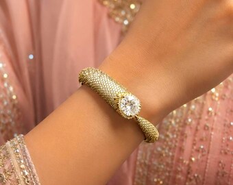 Gold Plated CZ Open Cuff Bracelet, Pavé Solitaire Bridal Bangle, Adjustable Wedding Jewelry