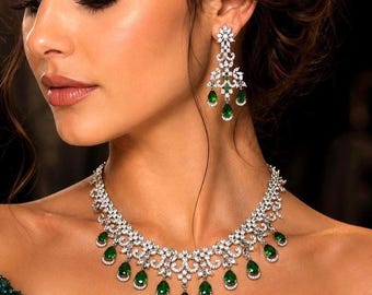 Emerald Green CZ Necklace Set: Indian Bollywood Jewelry