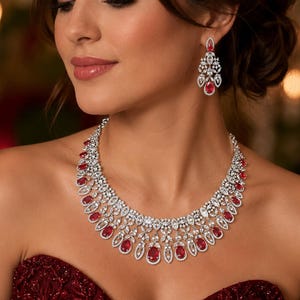 Conjunto de joyas nupciales de rubíes y diamantes: collar de circonita cúbica talla marquesa, pendientes de araña, chapado en rodio.