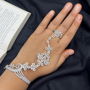 CZ Bridal Haathphool: Silver Plated Indian Hand Harness Jewelry