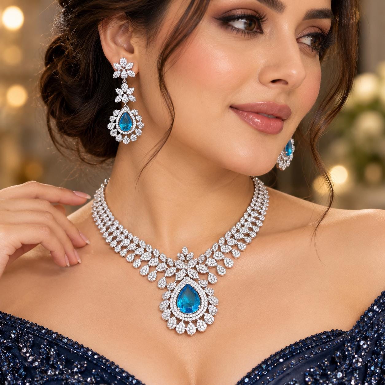 Pear Cut Crystal Necklace Earrings Set, Silver Tone Floral Bridal Jewelry